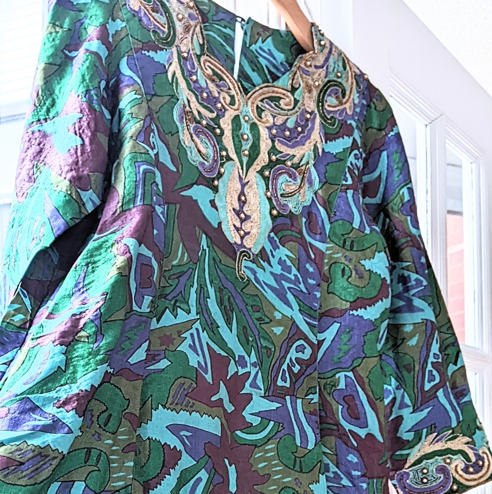 Turquoise Bedazzled Custom Made Silk Tunic. Size Small / Med.